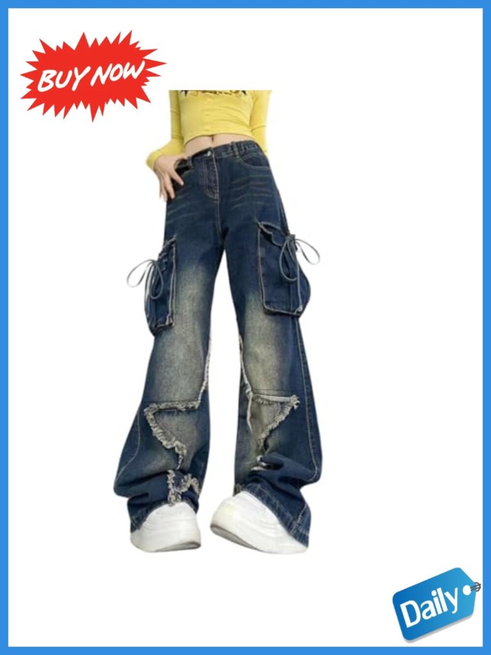 High Rise Baggy Wide Leg Patchwork Star Denim Jeans